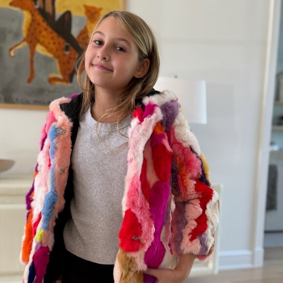 Adrienne Landau Kids Girls Multicolor Real Rabbit Fur Jacket - Picture 9 of 11